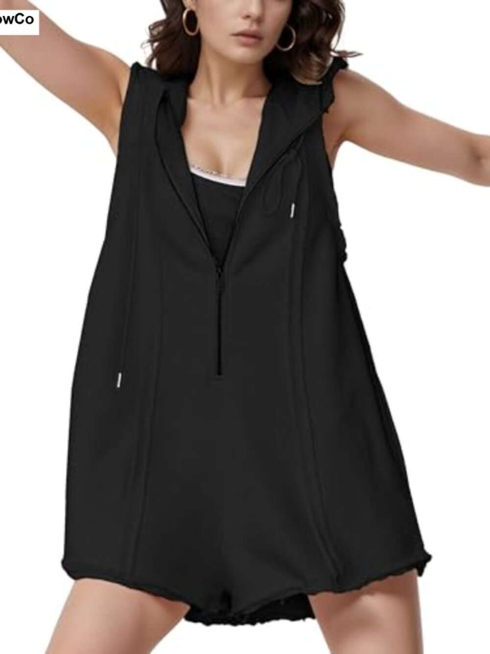 Womens Sleeveless Athletic Hooded Romper Jumpsuit with Pockets Cotton Blend